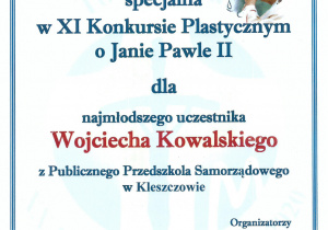 Dyplom dla Wojciecha Kowalskiego - najmłodszego uczestnika